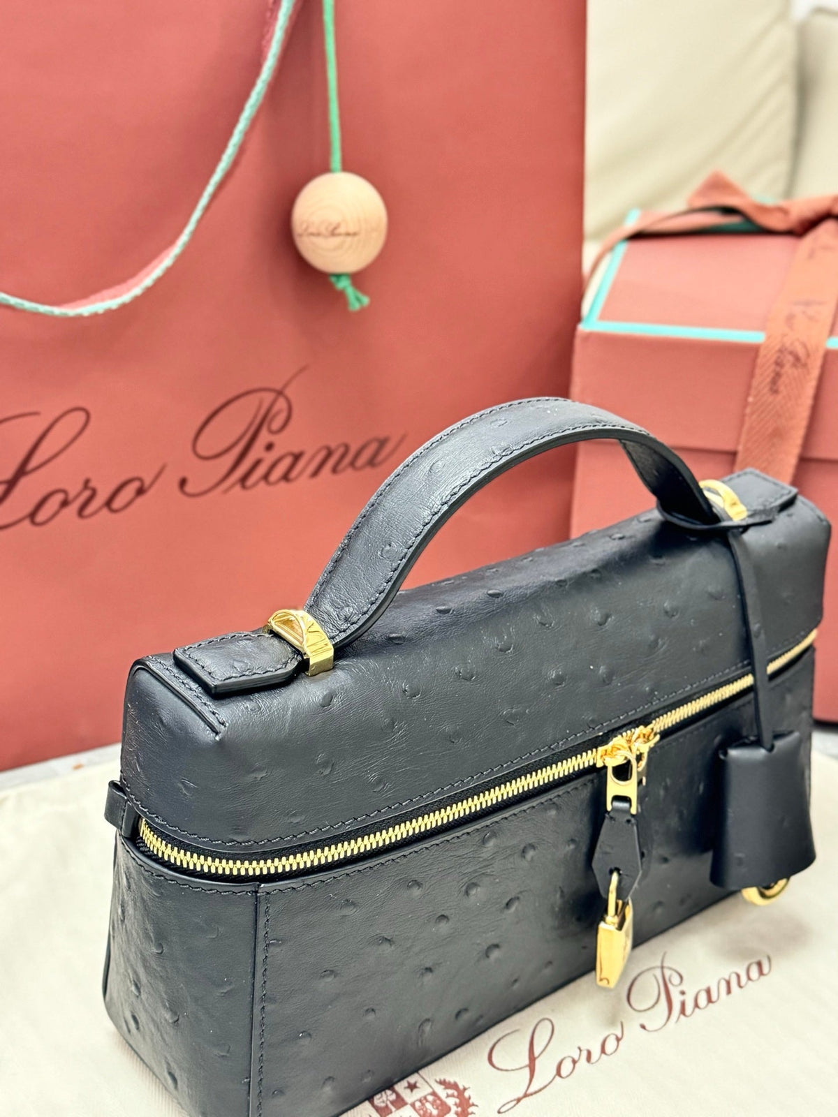 LP 2026 Extra Bag L23 Black Ostrich Leather With Gold Hardware
