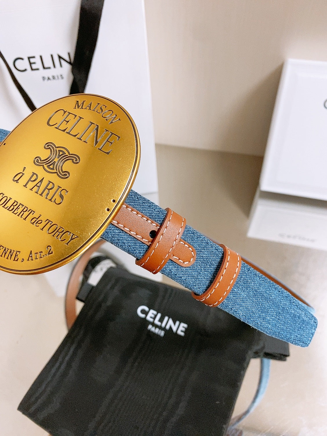 Celine 2026 Maison Oval Buckle Belt 25mm Blue Canvas Leather