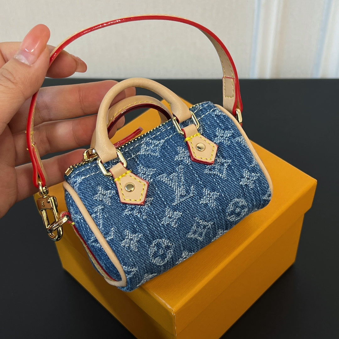 LV Micro Speed Bag Charm Blue Beige Canvas Leather