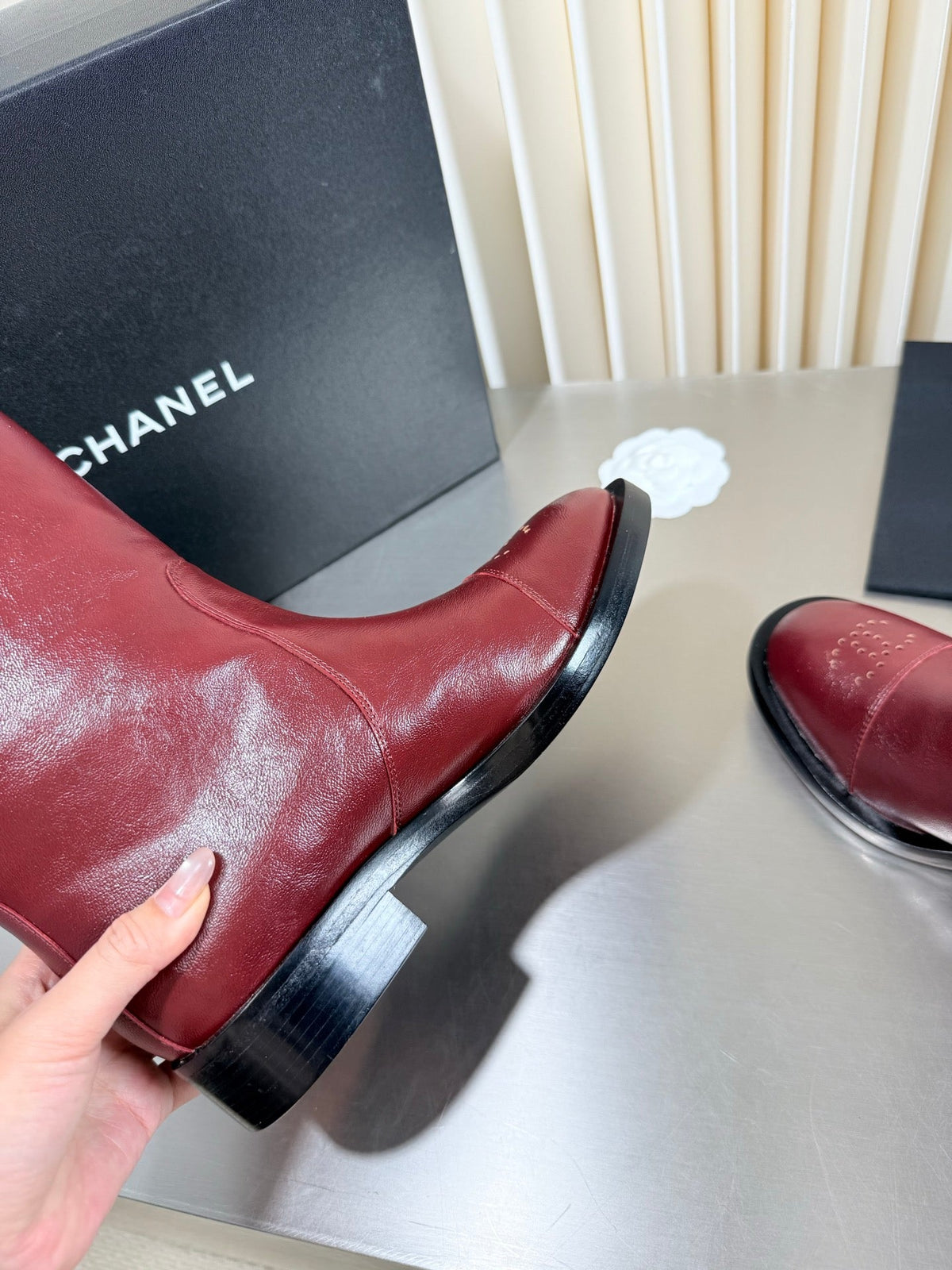 Chanel 2026 Perforated Toe Boots Burgundy Patent Leather 123448