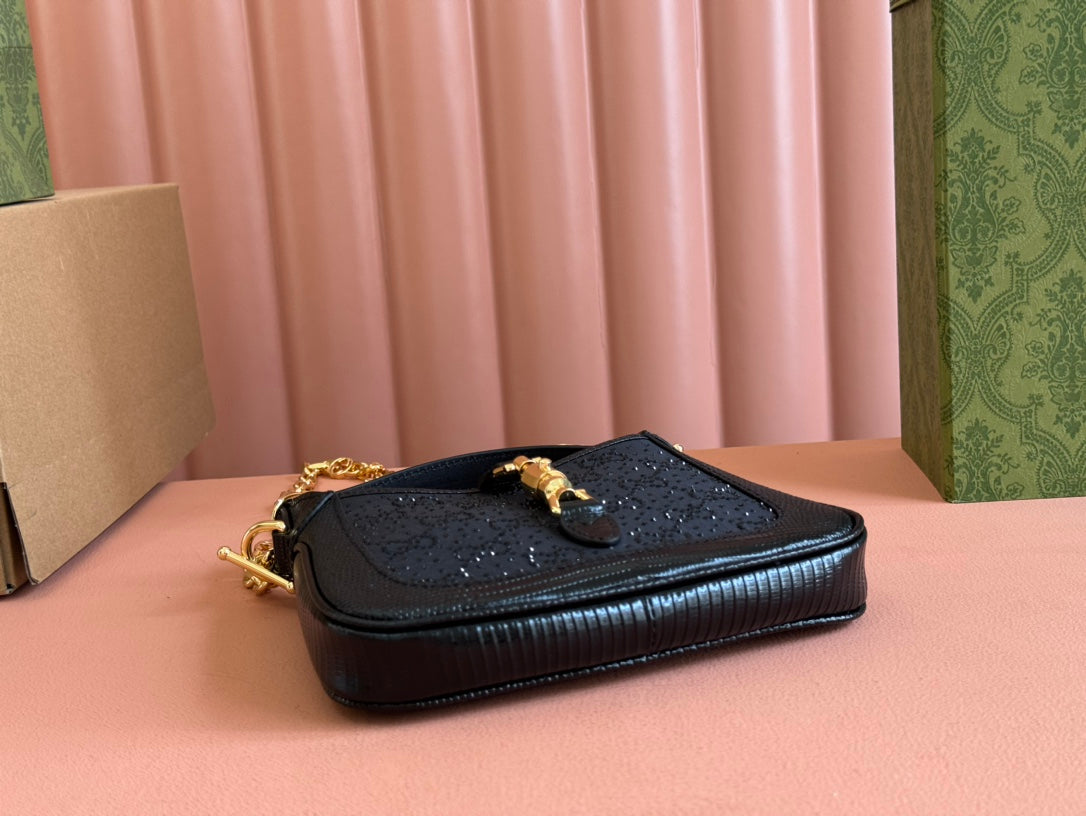 Gucci Jacket Bag Black Lizard Rhinestones 248590