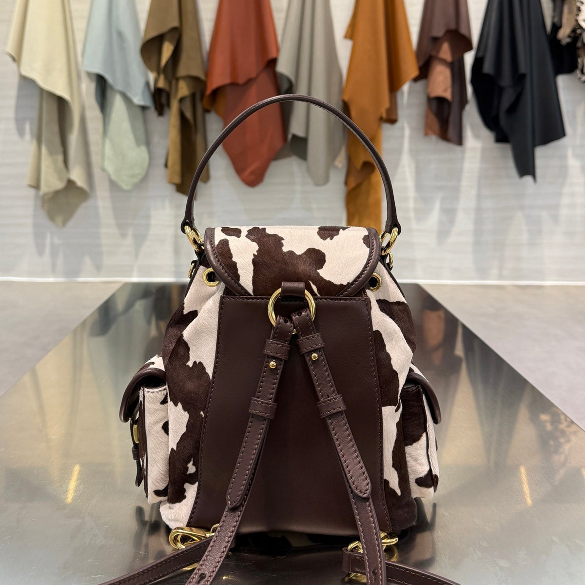 MiuMiu 2026 Calf Hair Backpack 18cm Brown White Suede