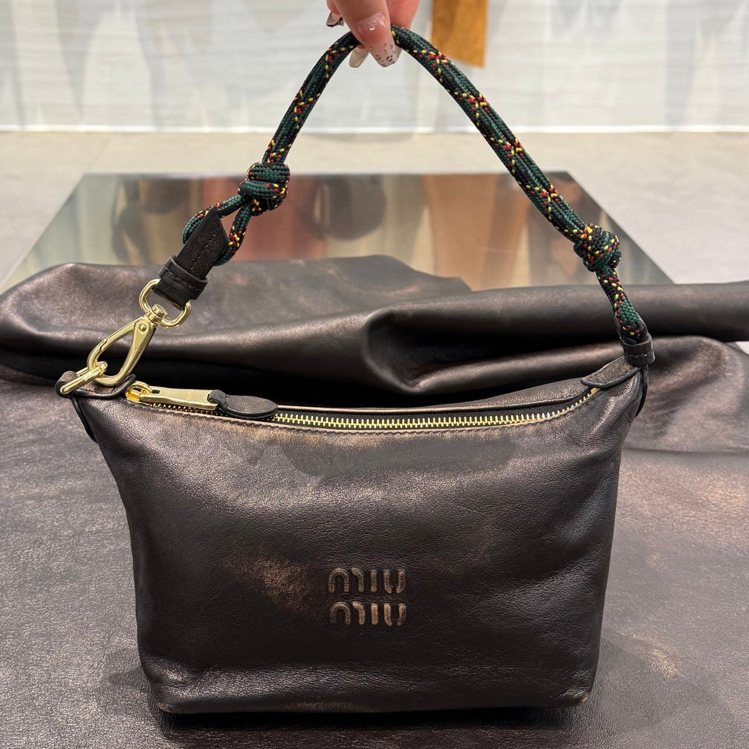 MiuMiu 2026 Aged-Effect Bag 19cm Black Leather
