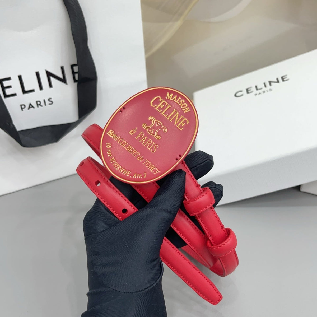 Celine 2026 Triomphe Slim Oval Badge Buckle Belt 13mm Red Leather