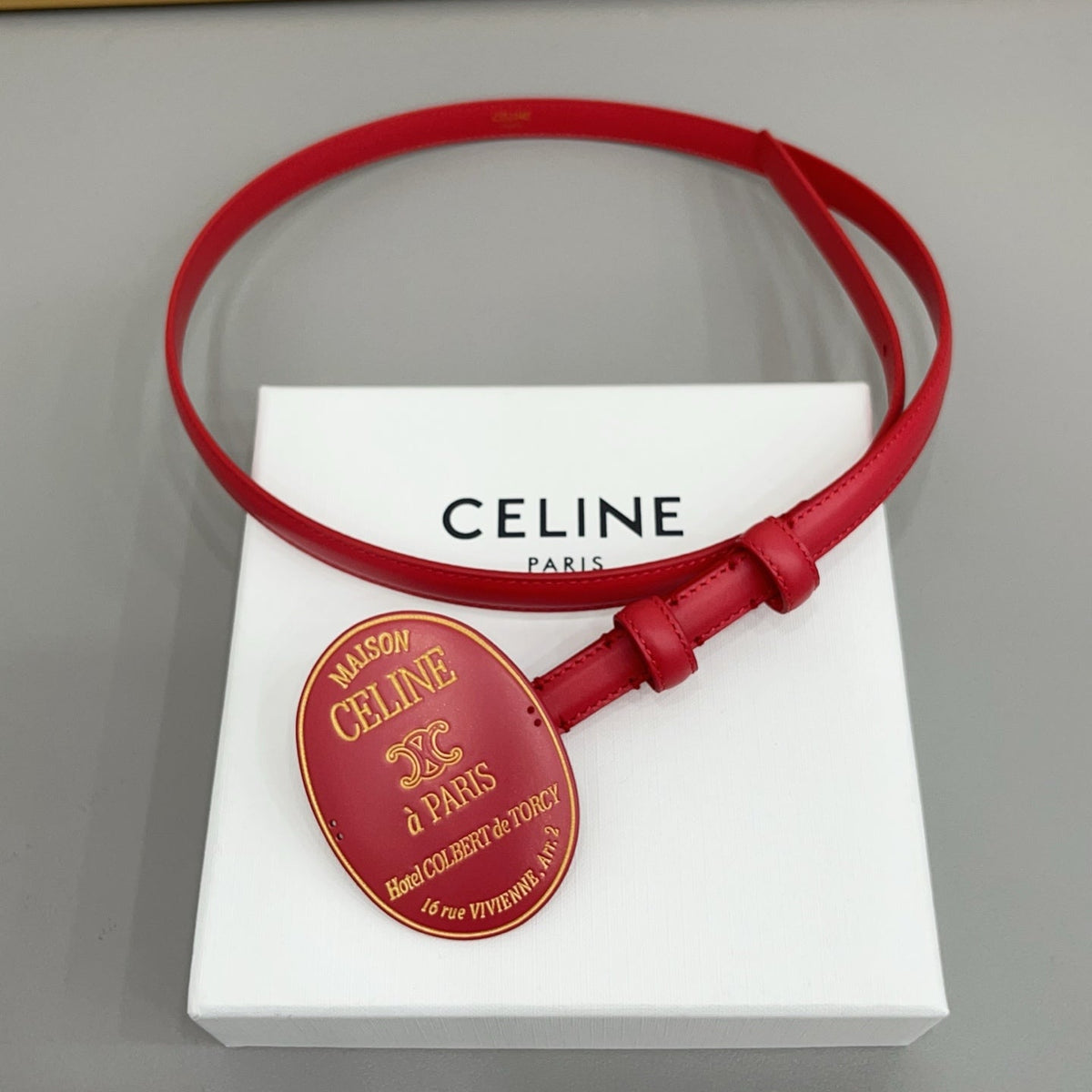 Celine 2026 Triomphe Slim Oval Badge Buckle Belt 13mm Red Leather