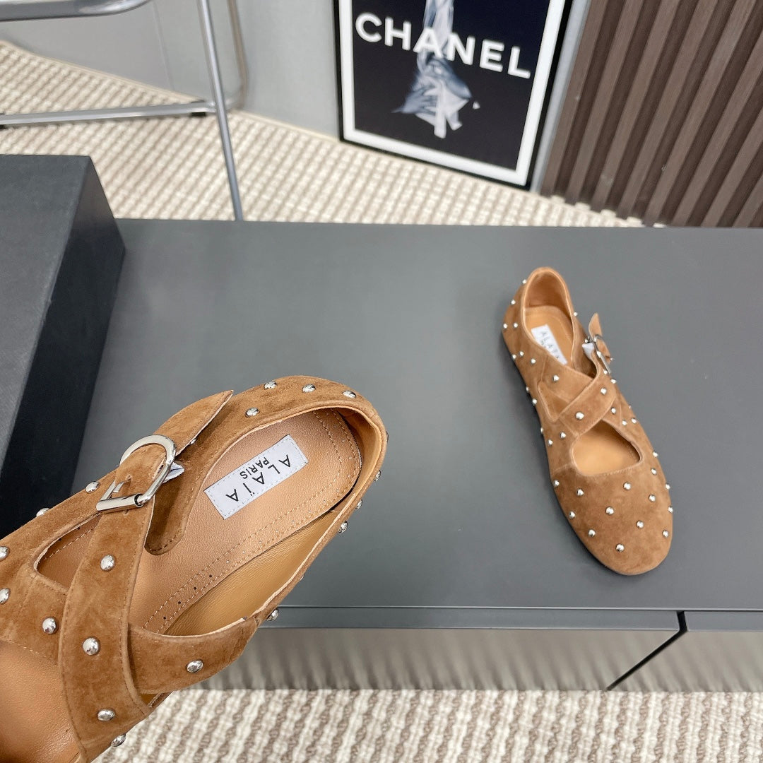 Alaia 2025 Criss Cross With Stud Ballet Flats Brown Beige Suede 293207