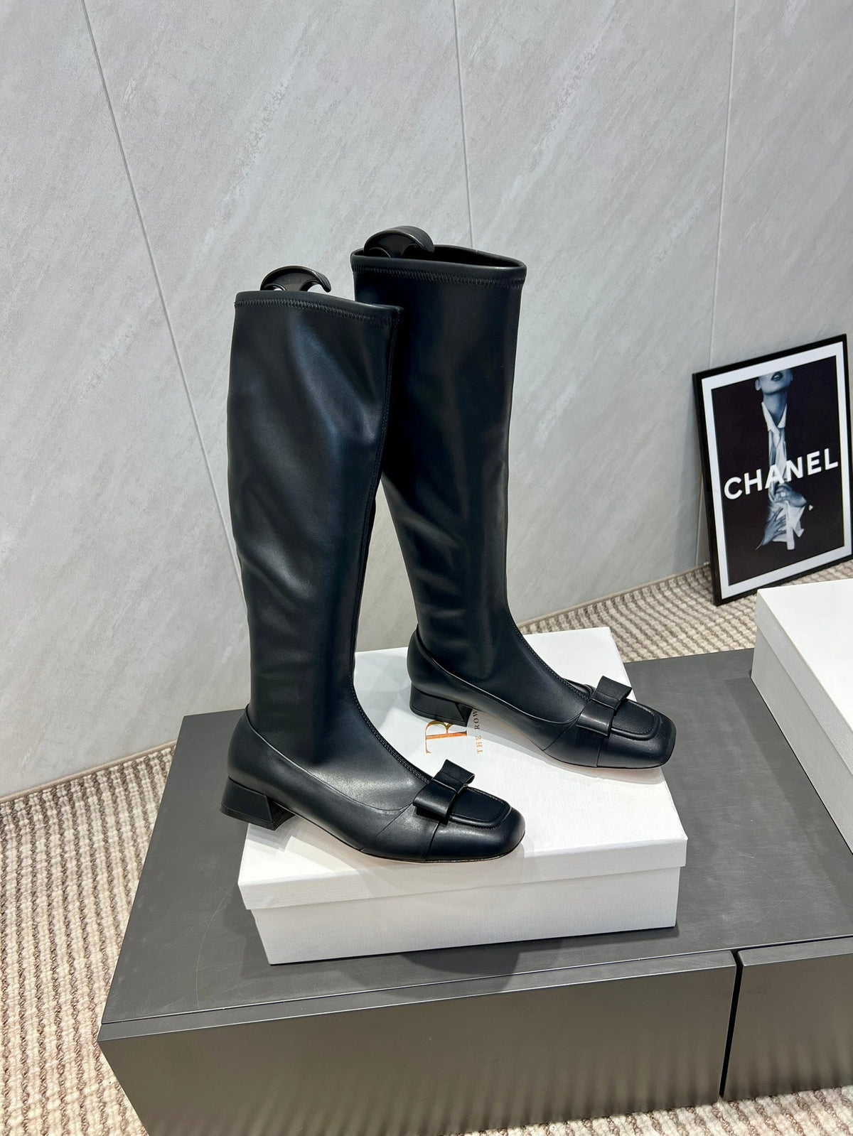 The Row 2025 Square Toe And Bow Accent Long Boot Black Sheepskin 540513