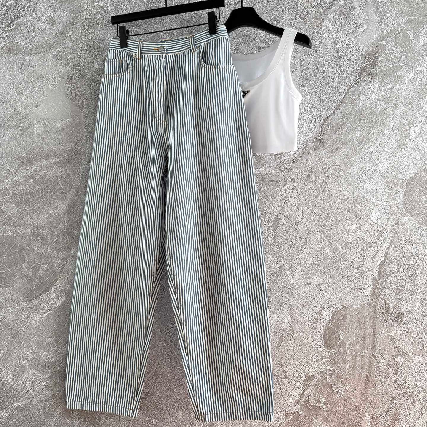 Prada Striped Pants Blue mix White Cotton