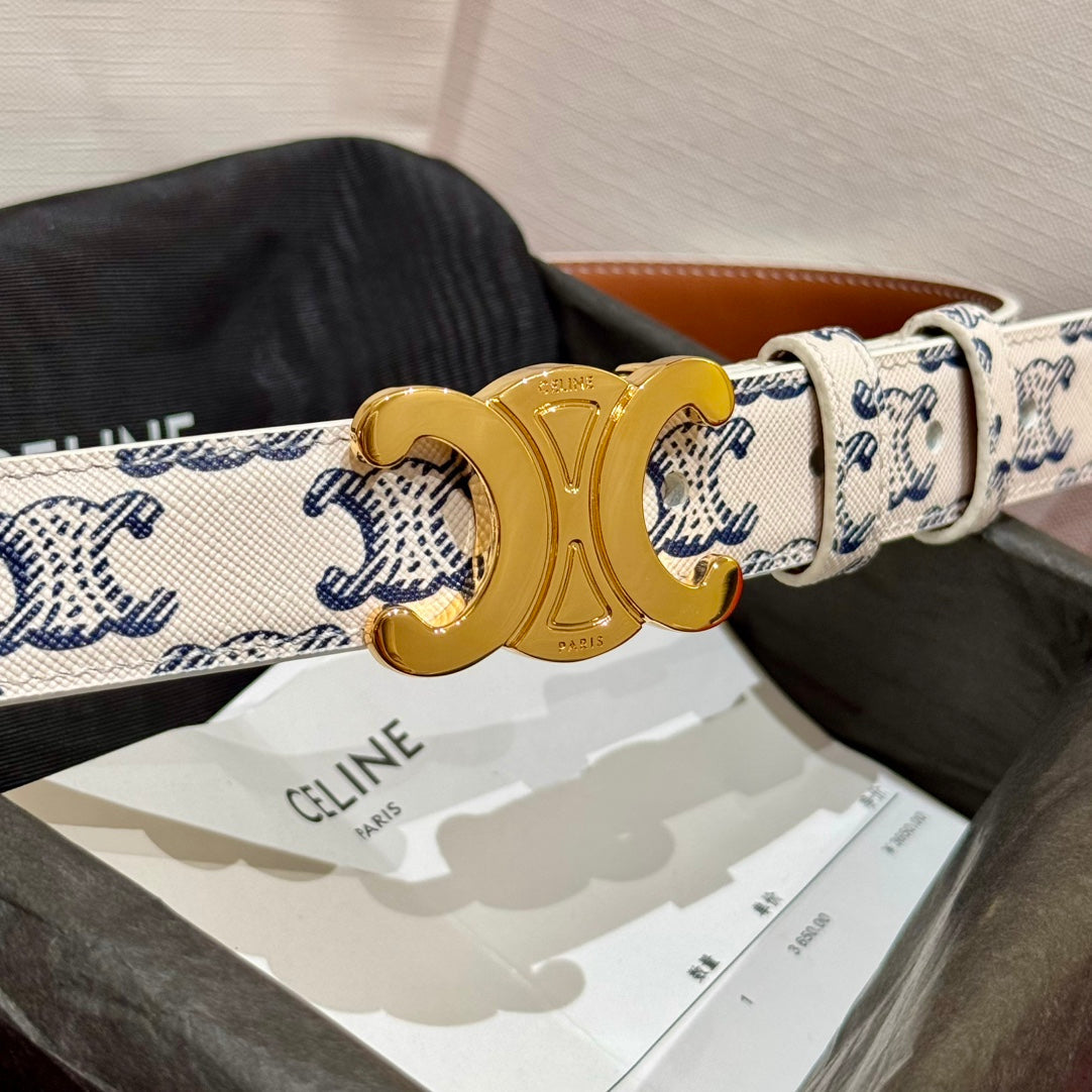 Celine 2026 Triomphe Monogram Belt 25mm White Blue Leather