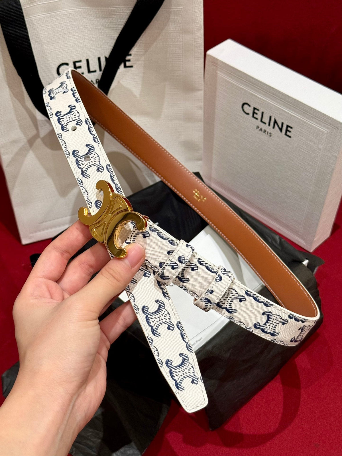 Celine 2026 Triomphe Monogram Belt 25mm White Blue Leather