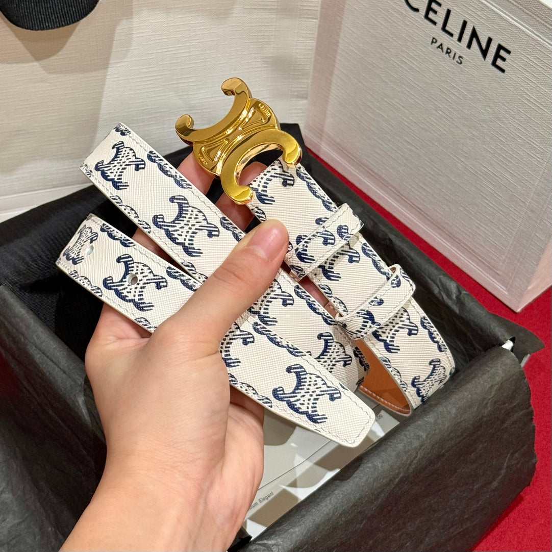 Celine 2026 Triomphe Monogram Belt 25mm White Blue Leather