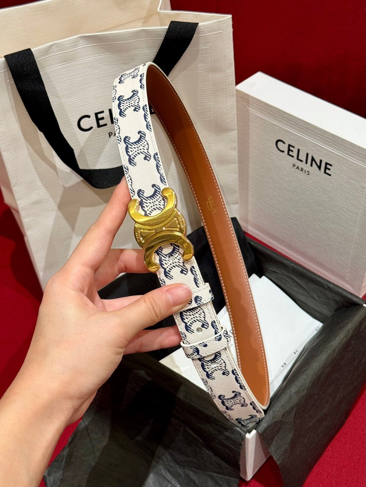 Celine 2026 Triomphe Monogram Belt 25mm White Blue Leather