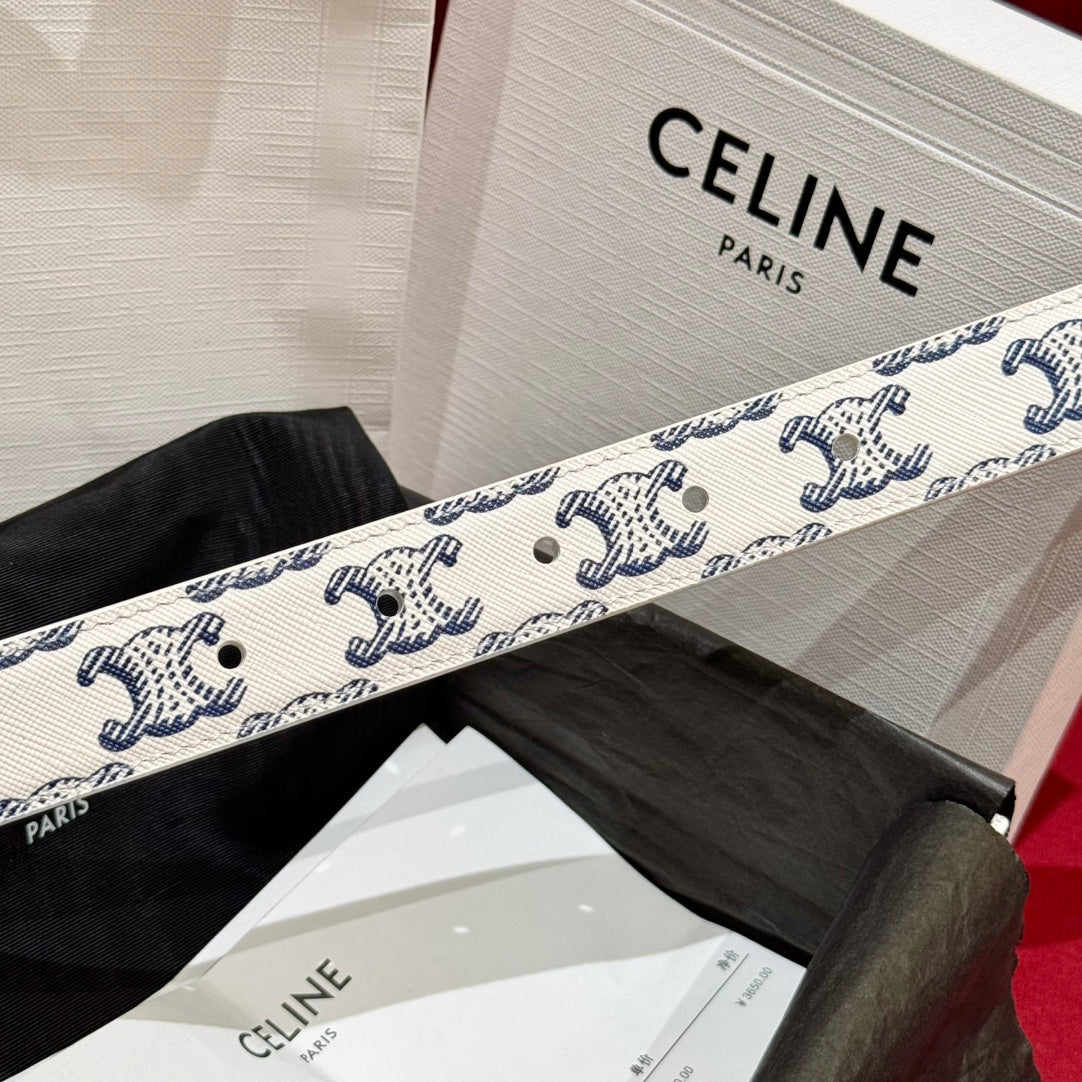 Celine 2026 Triomphe Monogram Belt 25mm White Blue Leather