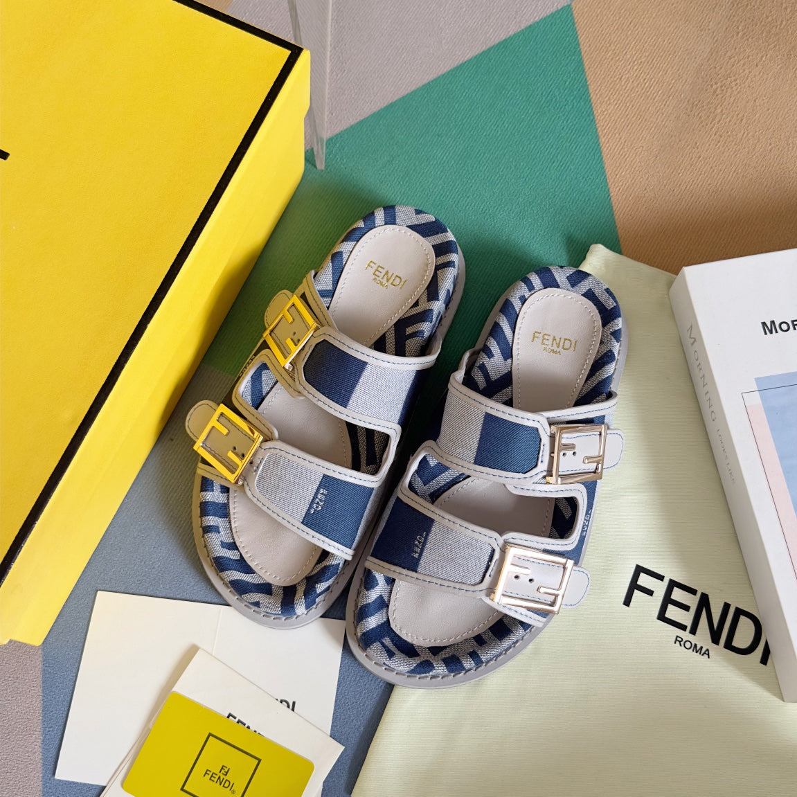 FENDI DAD SANDAL IN NAVY BLUE MIX WHITE MONOGRAM JACQUARD FABRIC