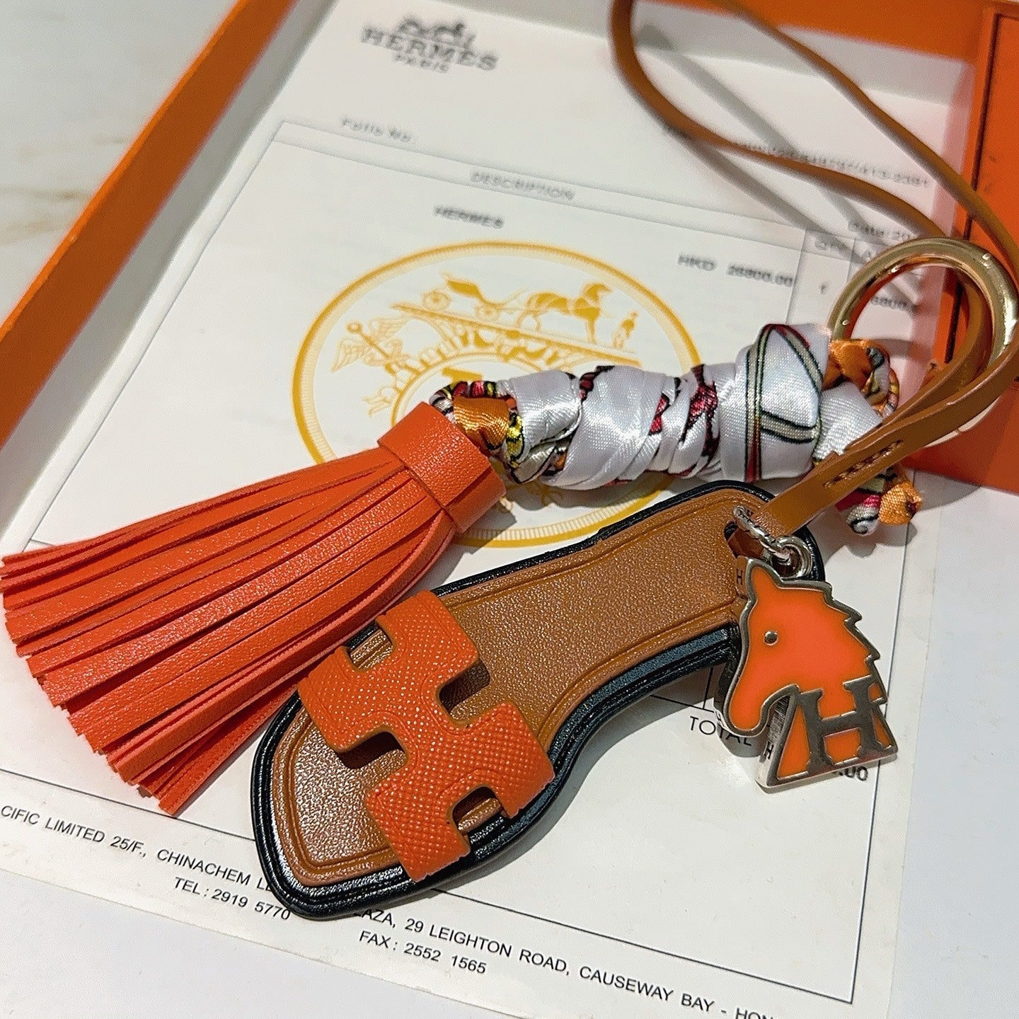 HM Brown Sandal With Twilly Scarf Charm With Orange Horse Head