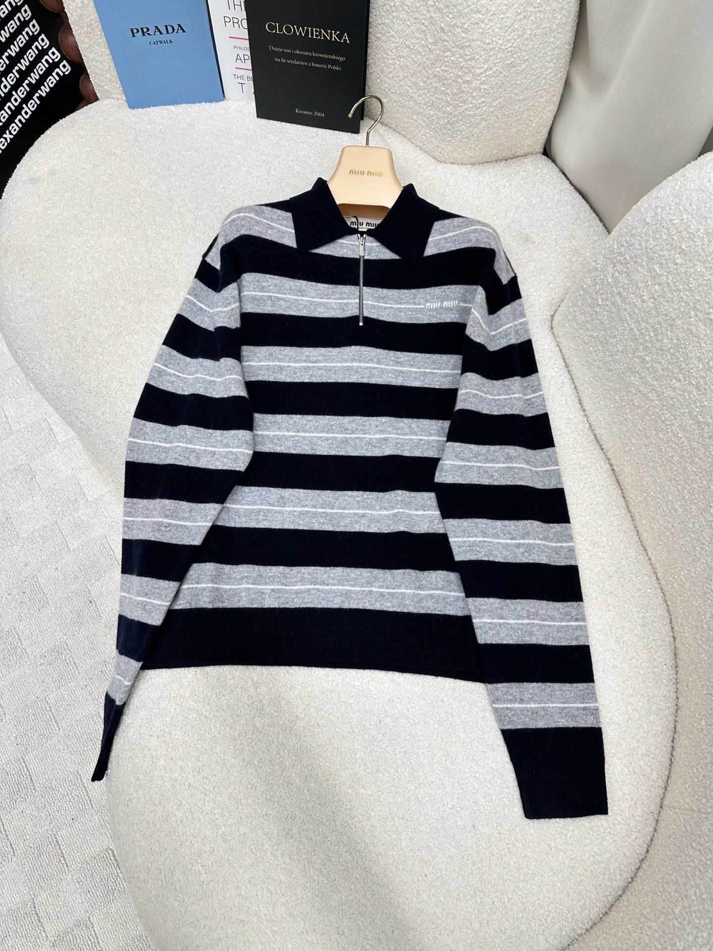 Miu Miu 25 Striped Polo Neck Sweater Navy Blue Gray Cashmere