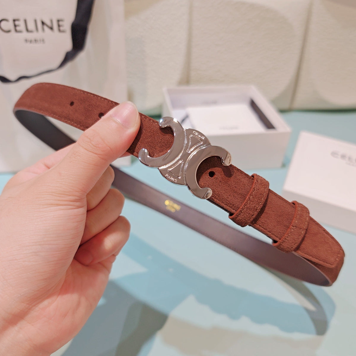 Celine 2026 Medium Triomphe Silver Belt 25mm Suede 194538