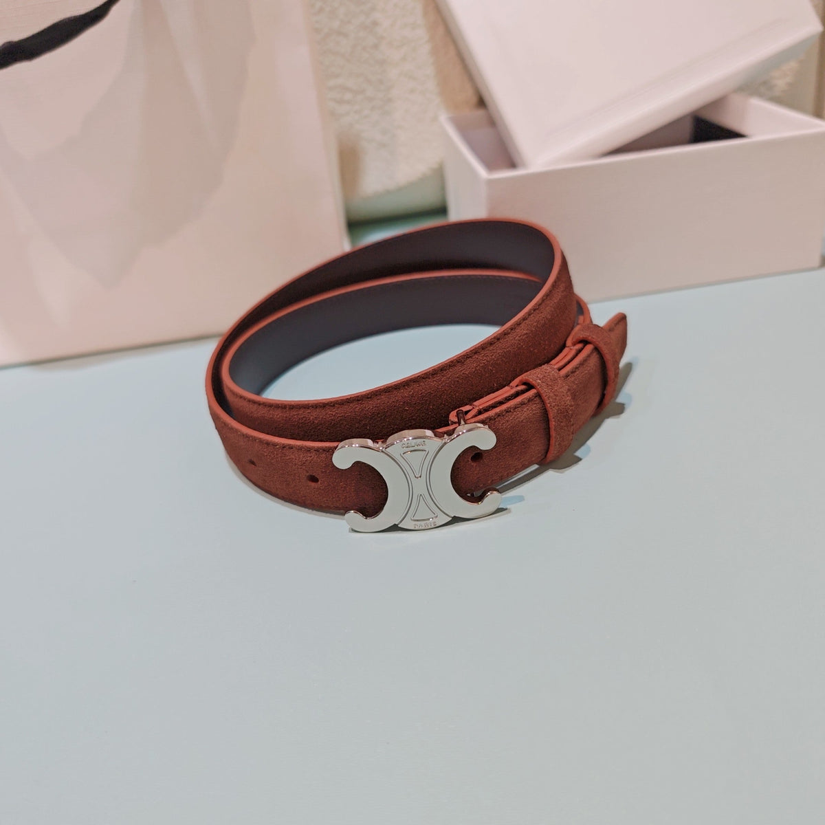 Celine 2026 Medium Triomphe Silver Belt 25mm Suede 194538