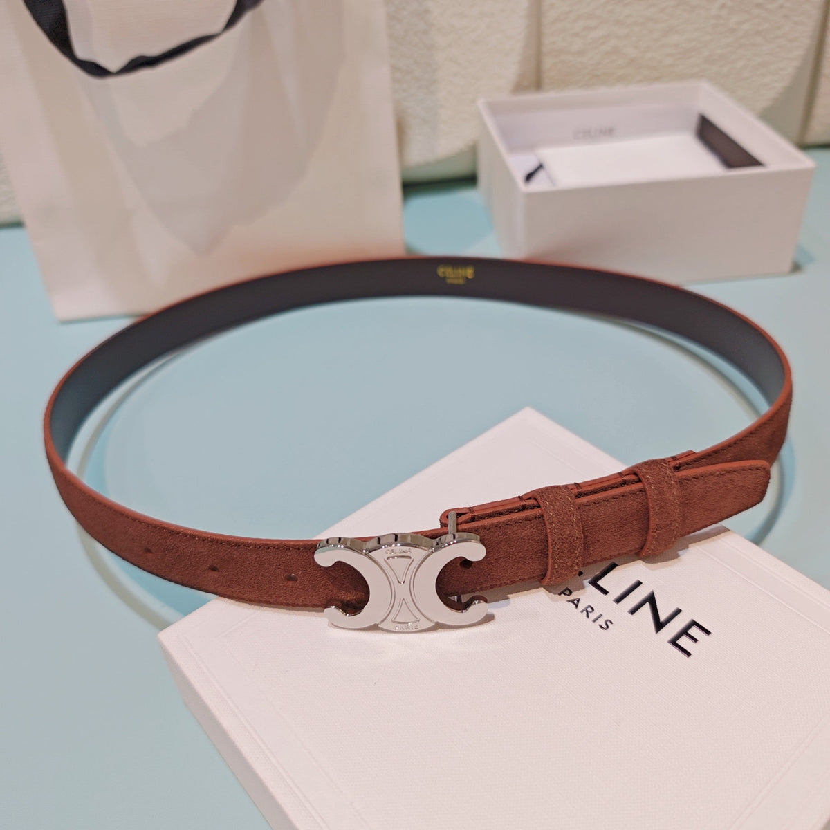 Celine 2026 Medium Triomphe Silver Belt 25mm Suede 194538