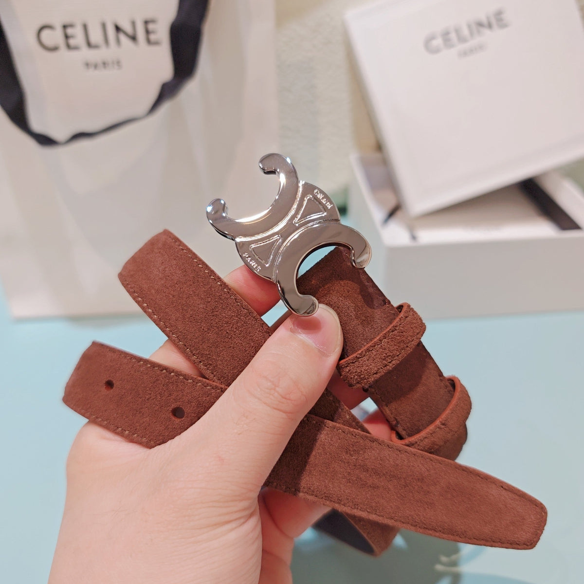 Celine 2026 Medium Triomphe Silver Belt 25mm Suede 194538
