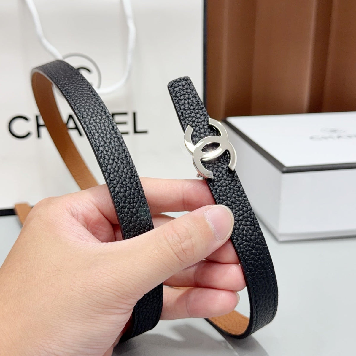 Chanel 2026 Slim Leather Logo Buckle Belt 15mm