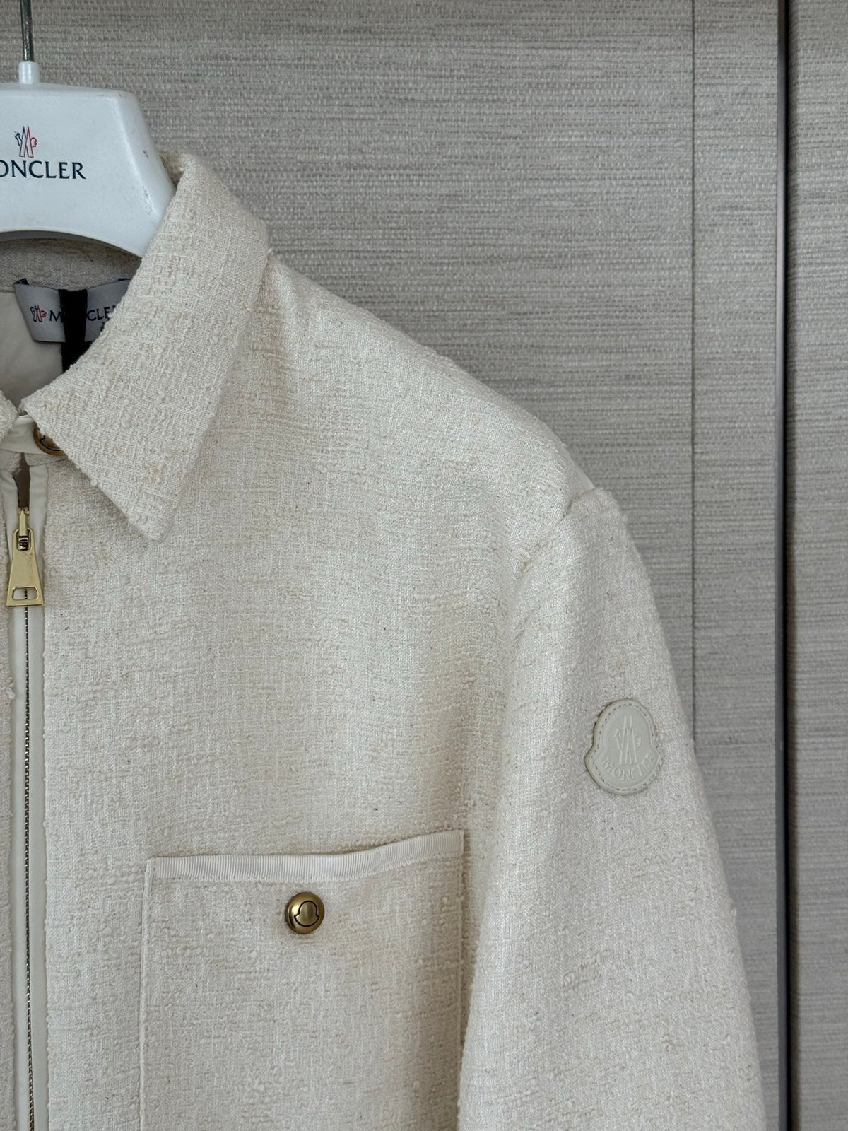 Moncler 2026 Bouclé Down Shirt Jacket Off-white Cotton Down