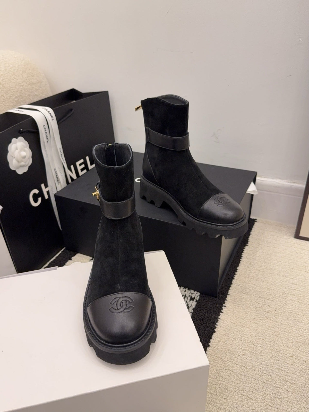 CC 26 Boot With Lug Sole Black Suede Leather 588681