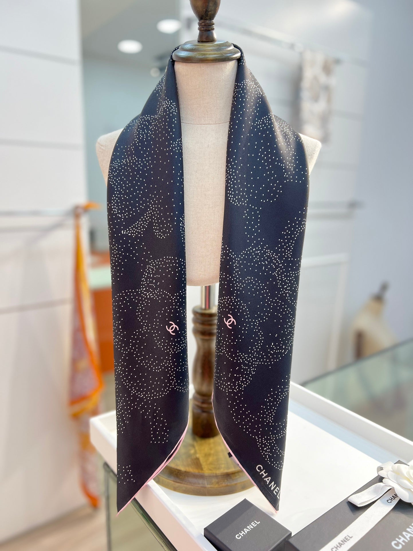CC Square Scarf 90 CM In Black Camellia Polka Dot Silk 288736