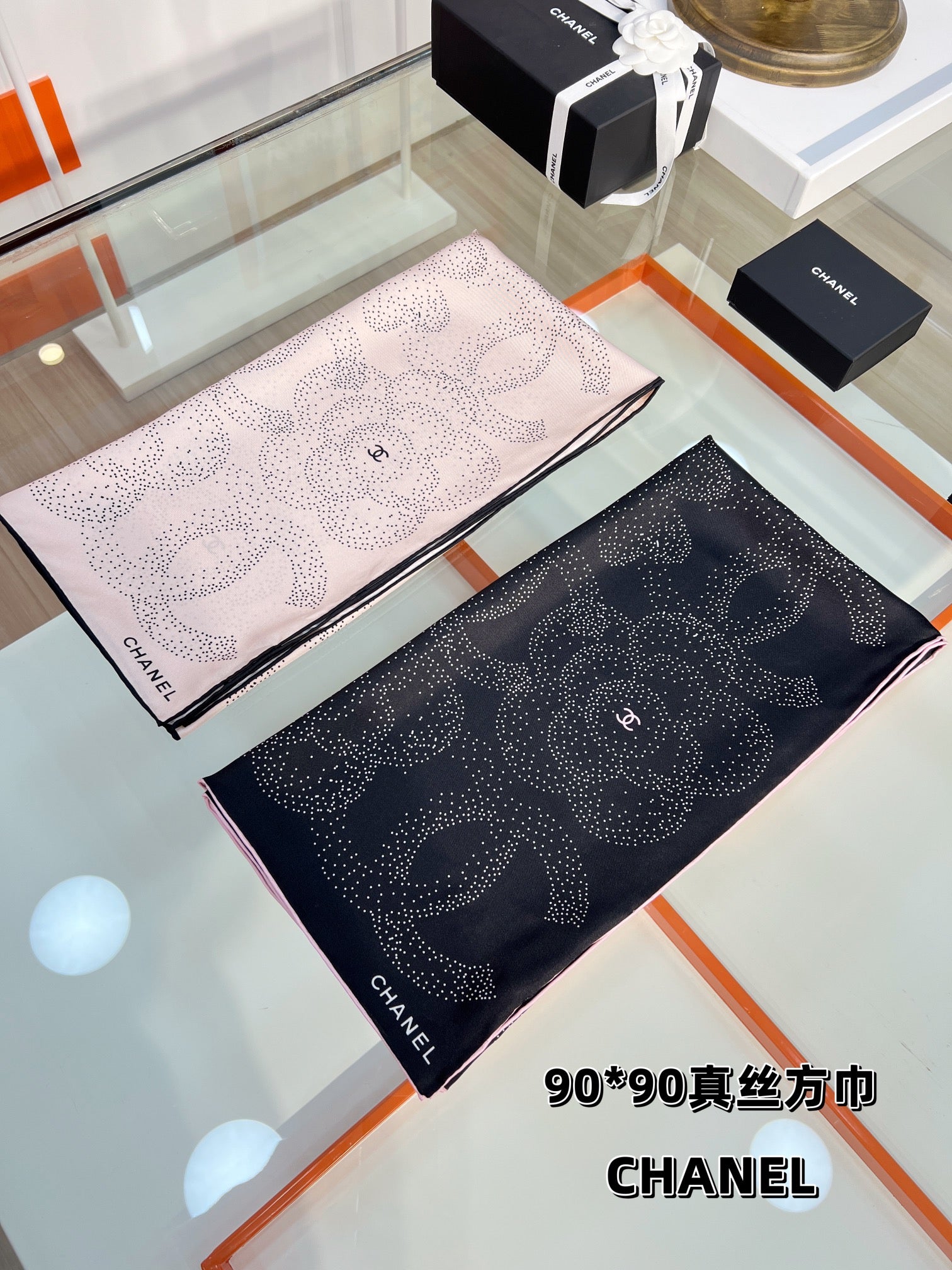 CC Square Scarf 90 CM In Black Camellia Polka Dot Silk 288736