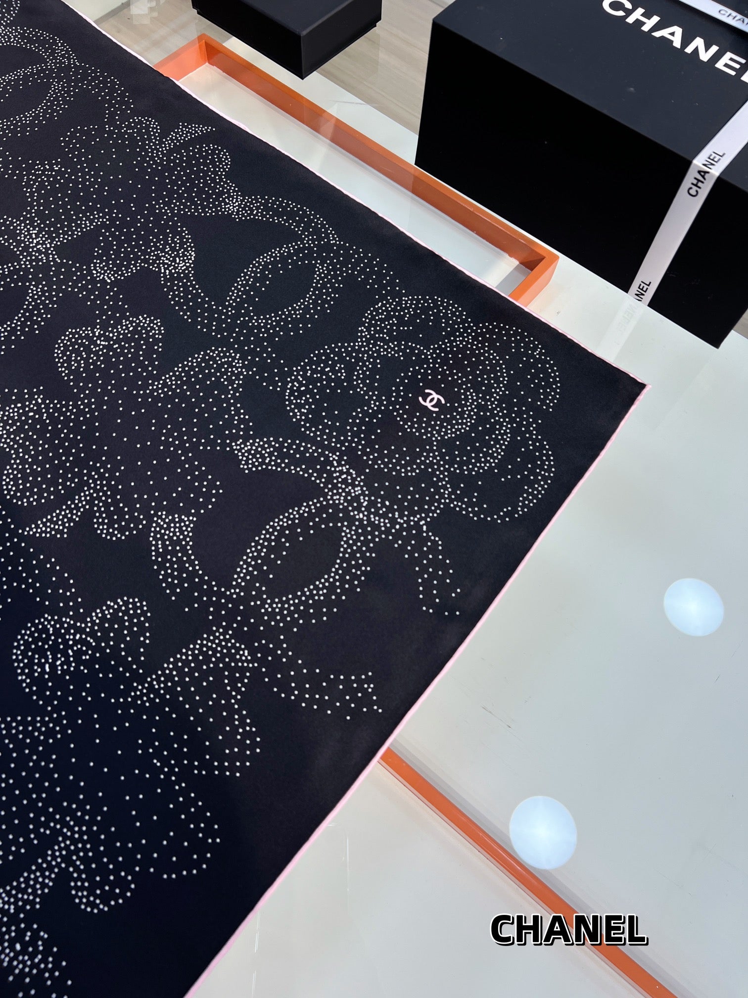 CC Square Scarf 90 CM In Black Camellia Polka Dot Silk 288736