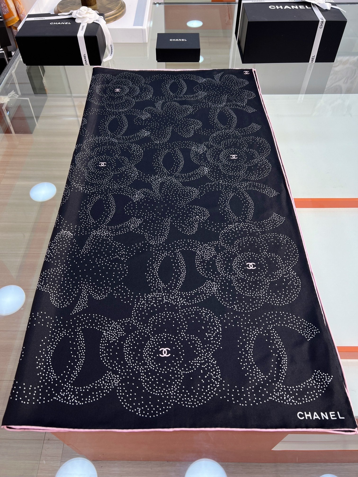 CC Square Scarf 90 CM In Black Camellia Polka Dot Silk 288736