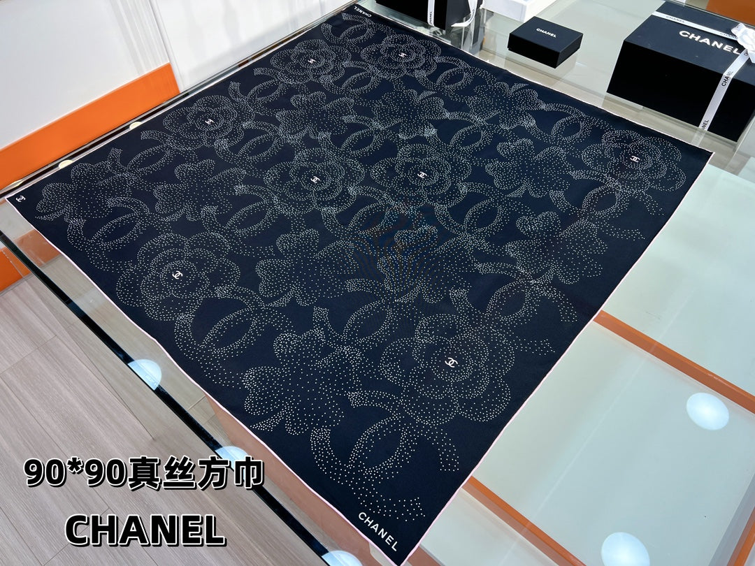 CC Square Scarf 90 CM In Black Camellia Polka Dot Silk 288736