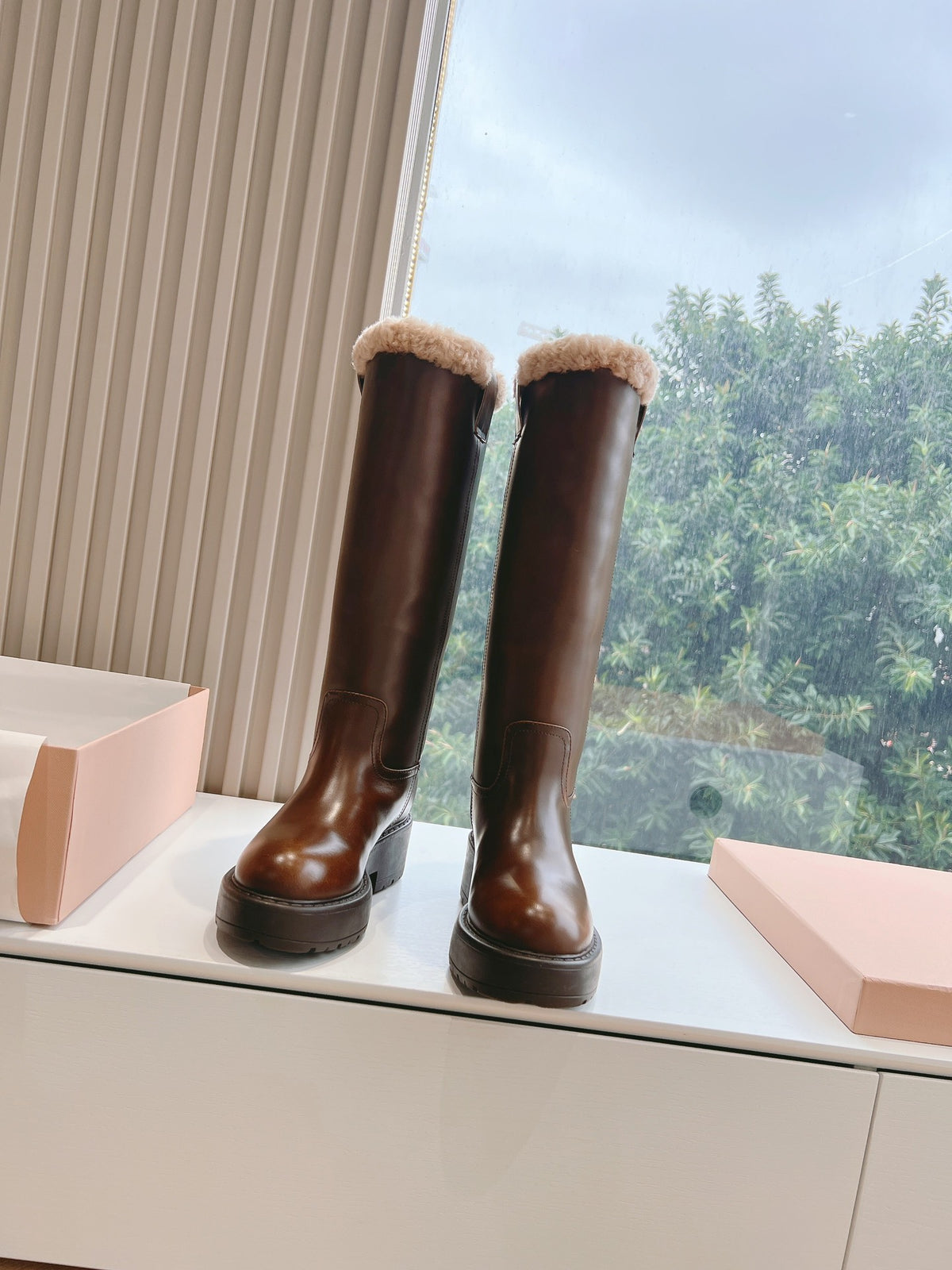 Miu Miu 2026 Shearling-Lined Knee-High Boots Brown Cowhide 994238