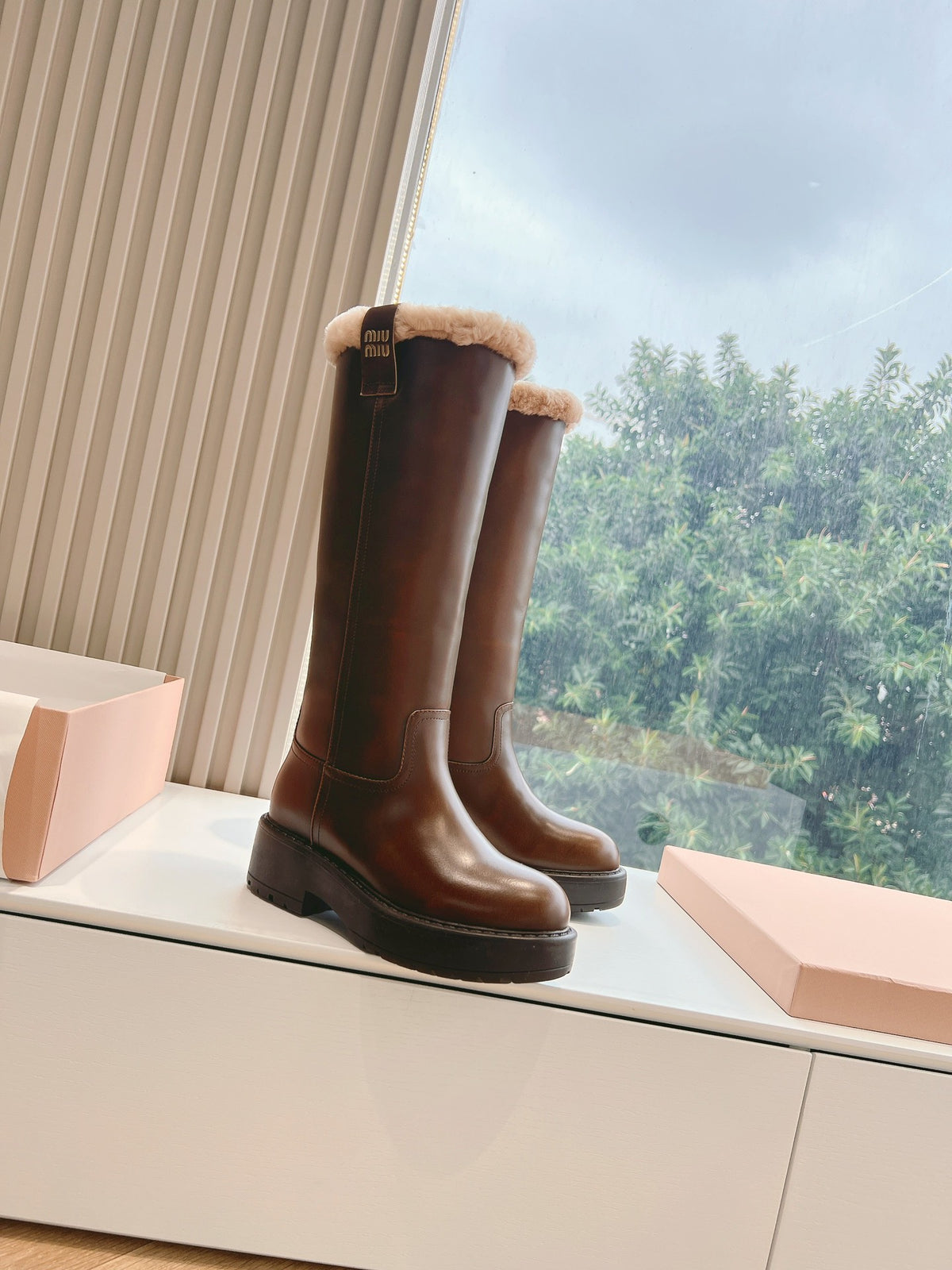 Miu Miu 2026 Shearling-Lined Knee-High Boots Brown Cowhide 994238