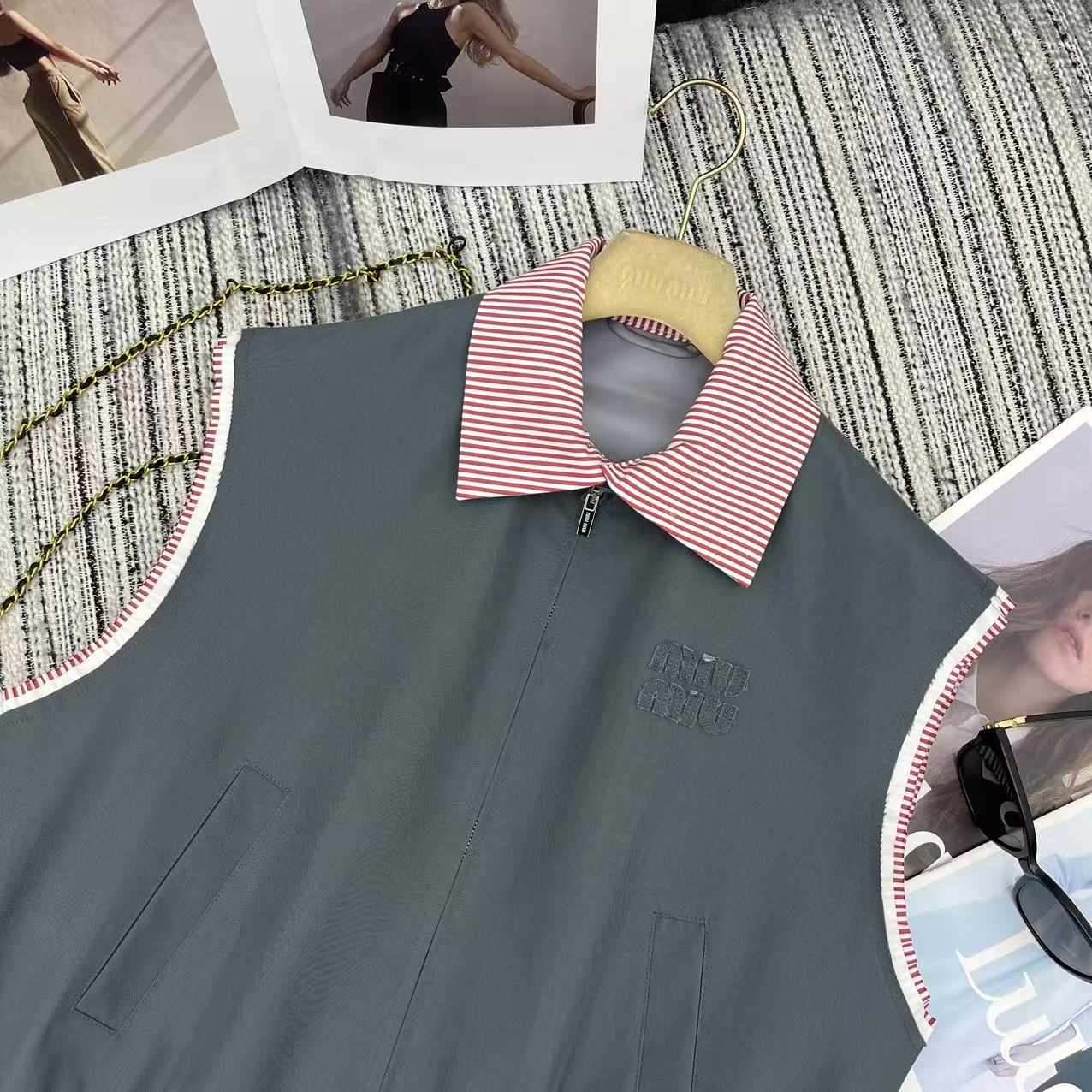 Miu Miu 2026 Striped Collared Vest Jacket Gray and Pink Cotton