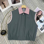 Miu Miu 2026 Striped Collared Vest Jacket Gray and Pink Cotton