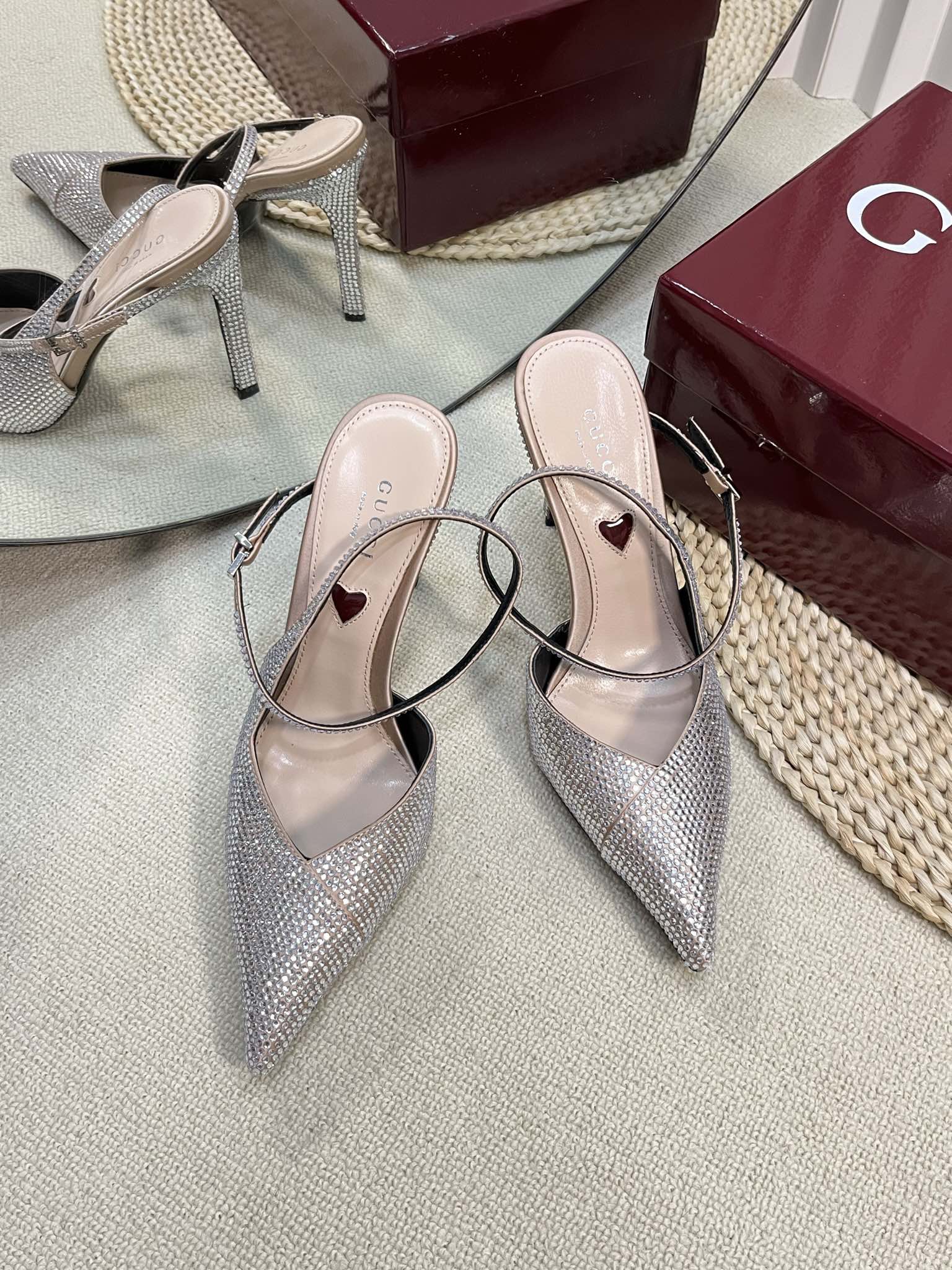 GC Crystal-Embellished Slingbacks Silver Silk Sheepskin 294610