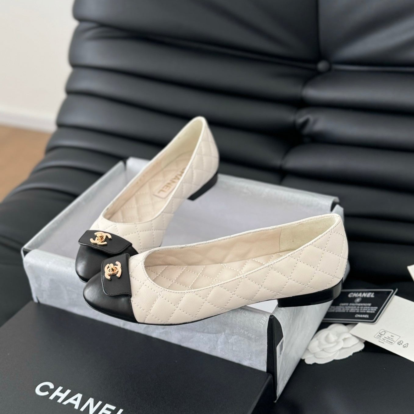 cc classic ballet flat white quilted calfskin