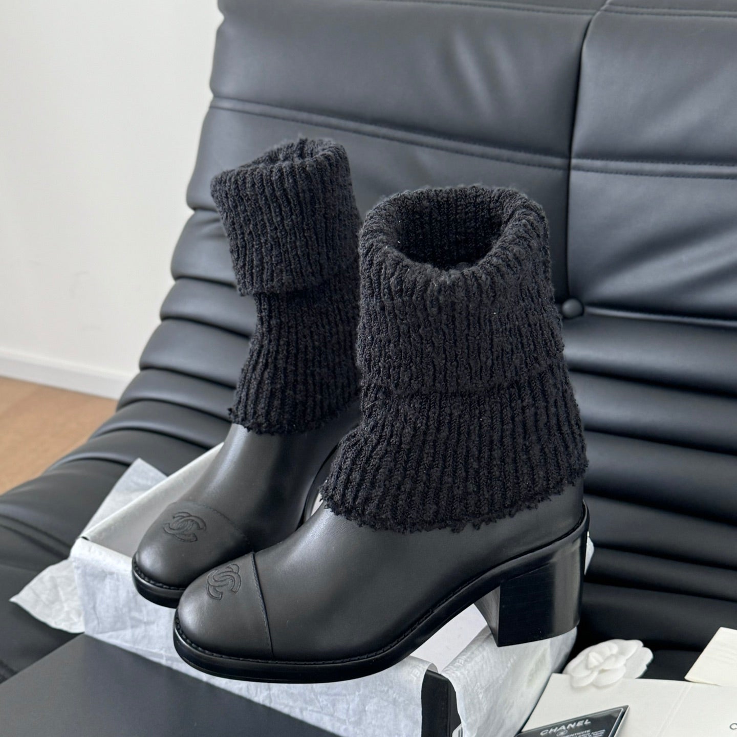 CC 25 new sock boots black knit wool sheepskin 458774