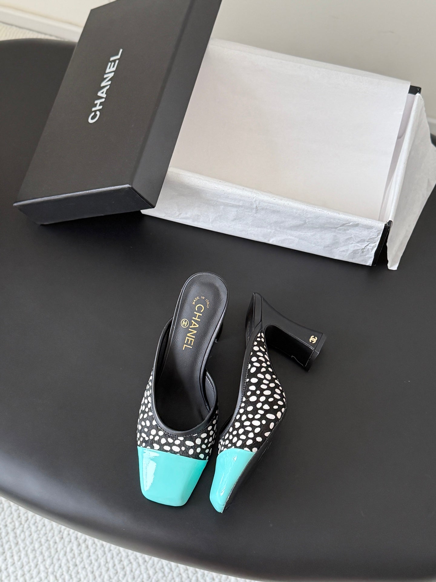 CC 2026 Mary Jane Mule 70 Black Blue Patent Leather 700433