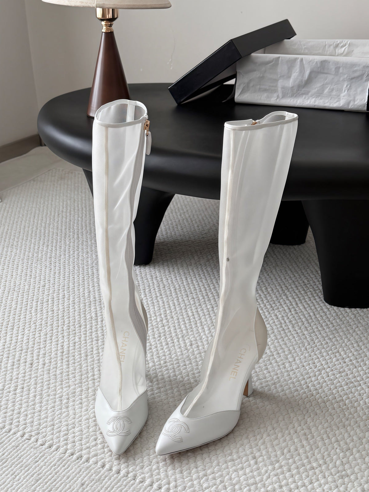 Chanel 2026 Pointed Toe Knee-High Boots 80mm Mesh Suede Leather 127974