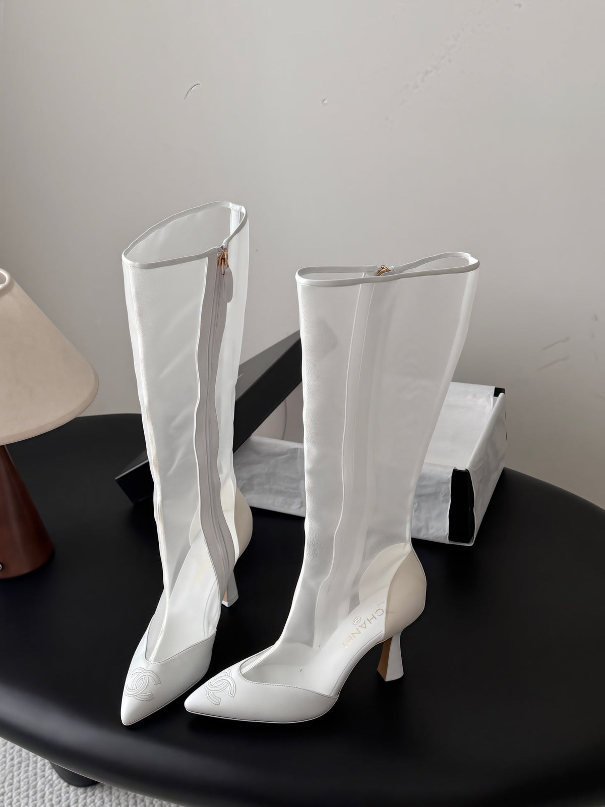 Chanel 2026 Pointed Toe Knee-High Boots 80mm Mesh Suede Leather 127974