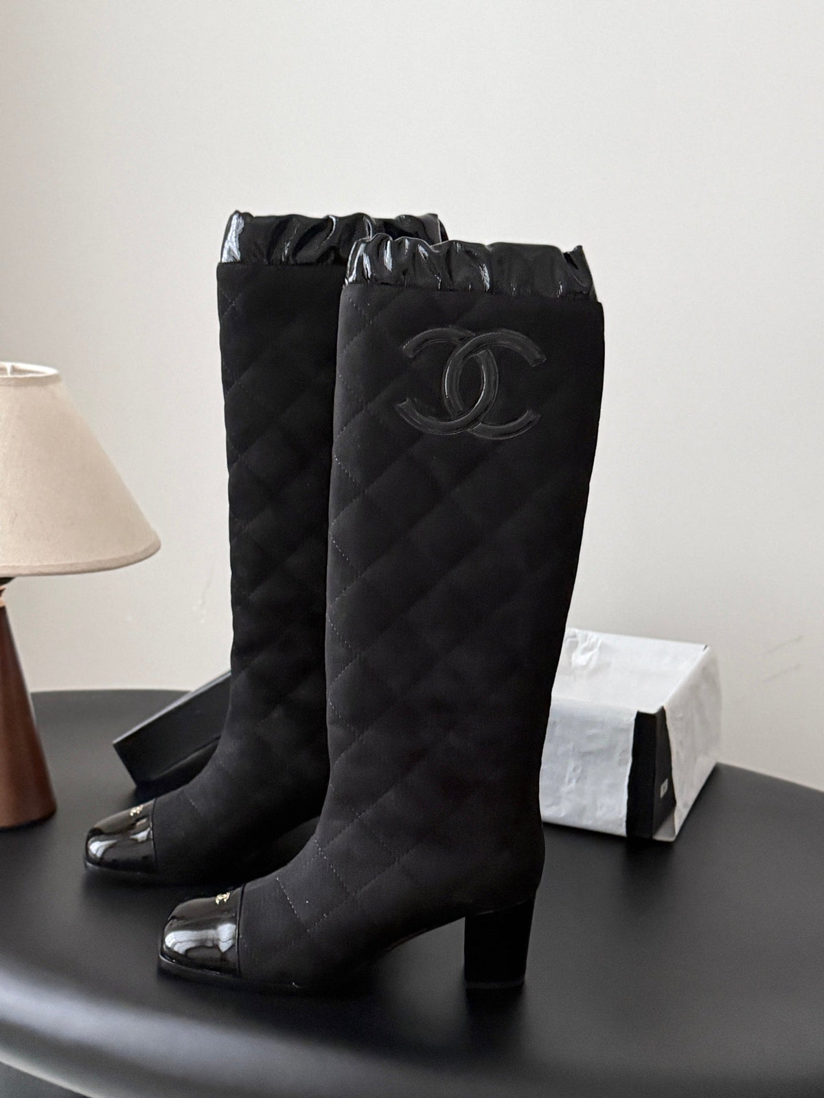Chanel 2026 Quilted Knee-High Boots 60mm Black Suede 127992