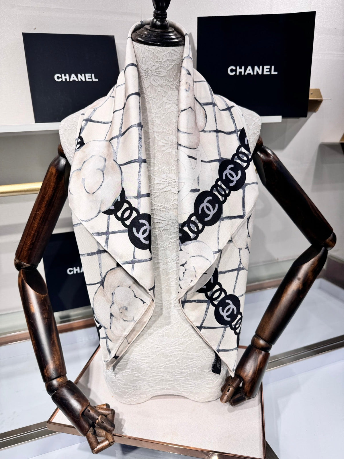 Chanel 2026 Flower Pattern Scarf 90cm Black White Twill Silk 209018