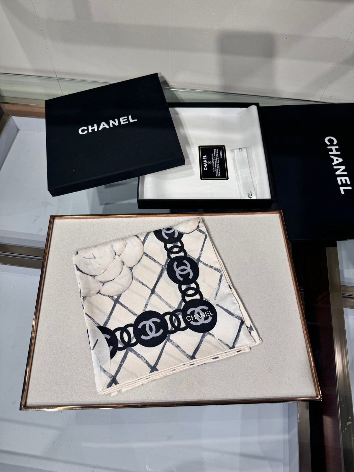 Chanel 2026 Flower Pattern Scarf 90cm Black White Twill Silk 209018