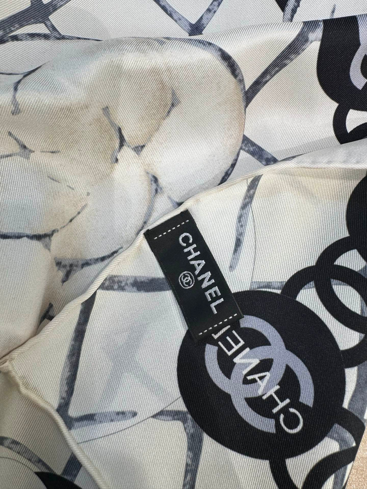 Chanel 2026 Flower Pattern Scarf 90cm Black White Twill Silk 209018