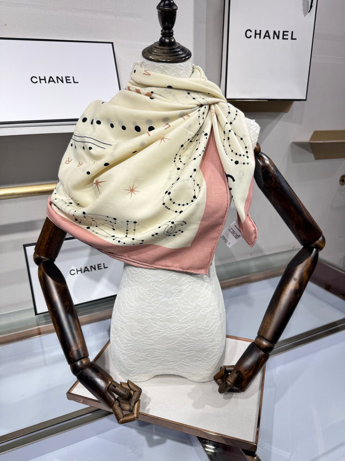Chanel 2026 Constellation Pattern Scarf 135cm Pink White Silk And Cashmere 200141