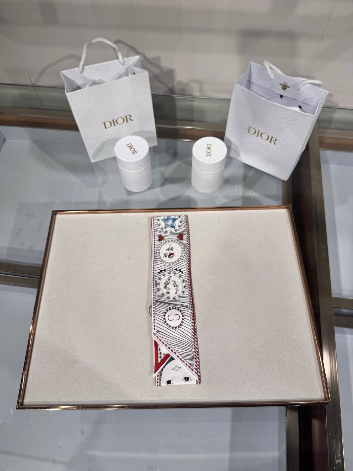 Dior 2026 Le Monde Mitzah Scarf 100cm White Mix Red Silk 203876
