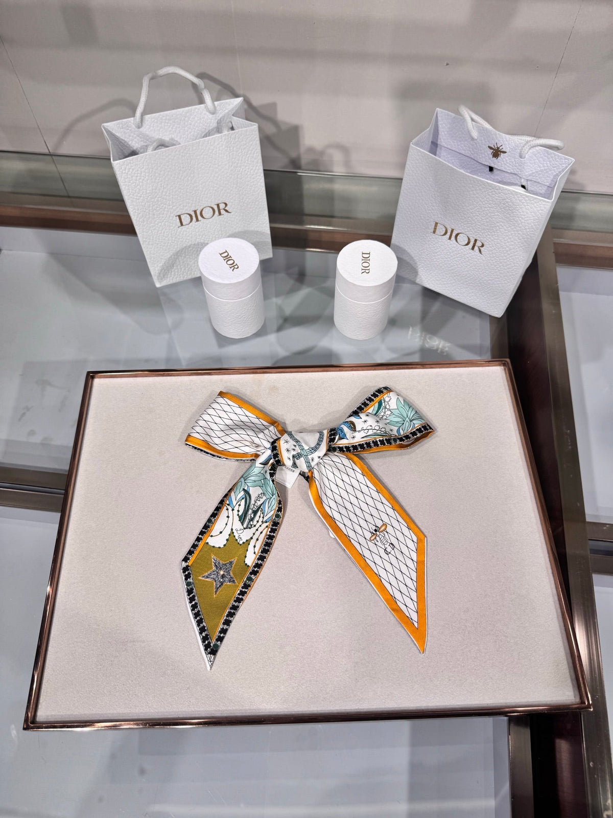 Dior 2026 Le Monde Mitzah Scarf 100cm Yellow Mix White Silk 203881