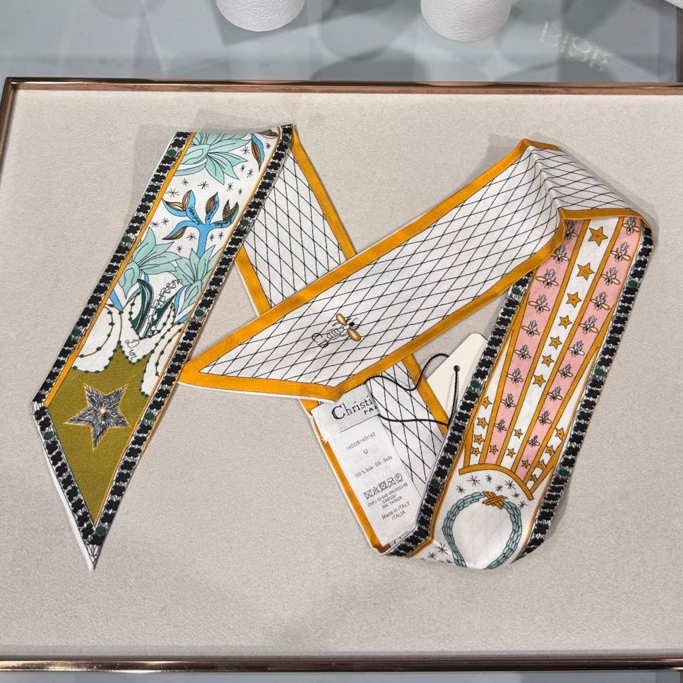 Dior 2026 Le Monde Mitzah Scarf 100cm Yellow Mix White Silk 203881